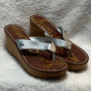 Sam Edelman SZ 8.5 Romy Cork Platform Wedge Heel Silver Thong Sandals Flip Flop